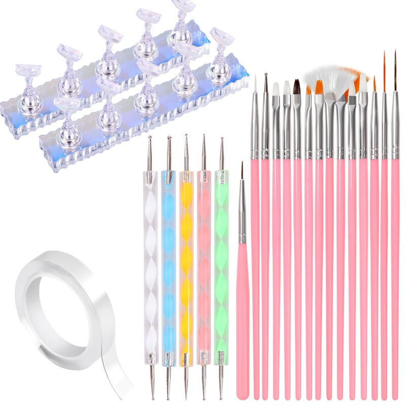 Komall Nail Art Tools, Nail Holder for Painting Nails, 15 PCS Nail Art Brushes, 5 PCS Nail Dotting Tool, Nail Stand for Home DIY & Salon Nail Art Design - Image 1